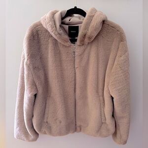 Forever 21 Cozy Light Brown Faux Fur Teddy Bear Zip Up Hooded Bomber Jacket Sz M